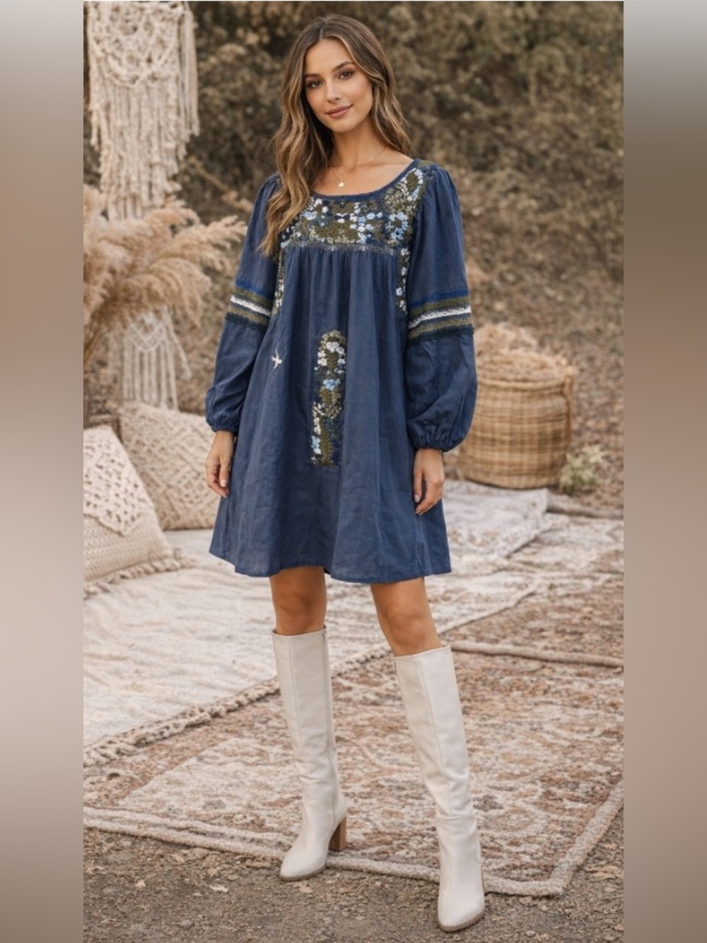 Mi Golondrina Blue Hand Embroidered Peasant Dress w/ Floral Detail Size M • NWT